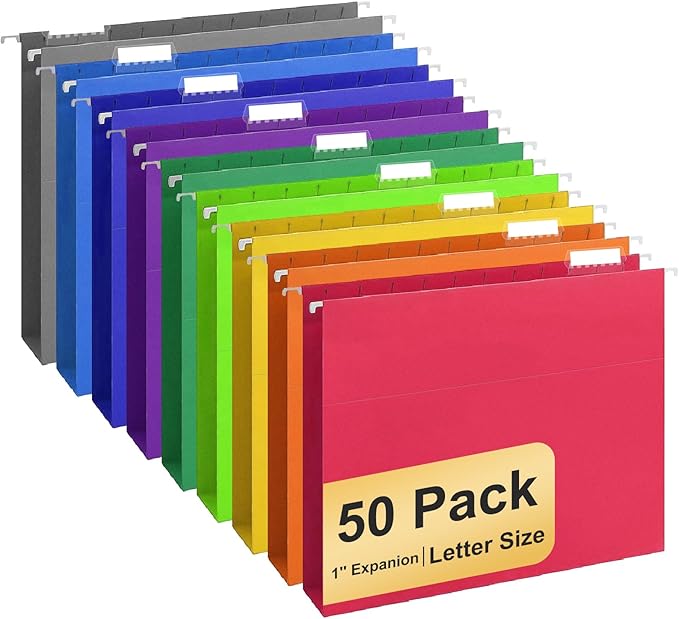Hanging File Folders, 50 Pack Letter Size Hanging File folders with 1/5-cut Tabs, Stay Organized for Your Home and Office Bulk File, Documents and Paper, 10 Colors