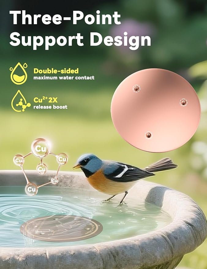 CNARIO Copper Disk for Bird Baths, Bird Baths 99.99% Pure Copper Cleaning Disk, Safe Natural Solution, 0.6mm Thick with Stable Triple-Point Support, All-Season Use