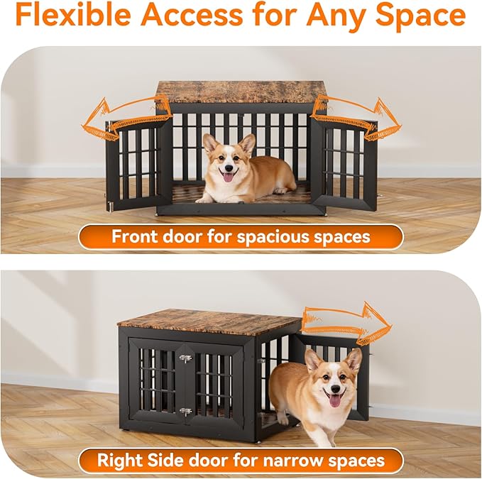 32" Heavy Duty Dog Crate Furniture for Small,Medium and Large Dogs,Rustic Wooden Dog Cage Kennel Indoor Furniture with Waterproof Top,Decorative Pet House Side End Table (Black & Wood)