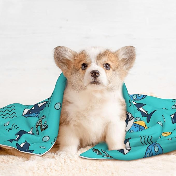 Two Sided Plush Pet Blanket for Warmth Comfort, Cute Shark and Anchor, Reversible Throw with Cozy Nubby Side for Chilly Nights Napping Spots Around House