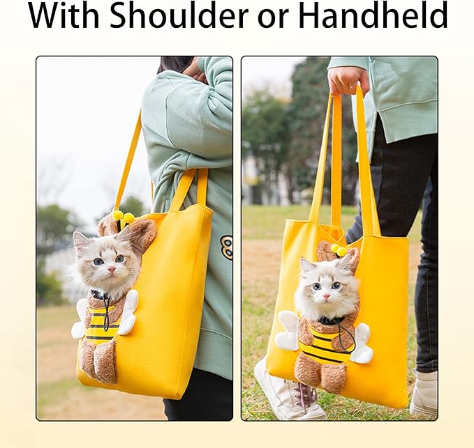 Pet Canvas Shoulder Carrying Bag, Cute Bee Shaped Cat Carrier, L Size Portable Kitten & Puppy Tote, Comfort Carriers for Small Dogs, Cats, and Pets, Handbag for Outdoor, Shopping, and Camping