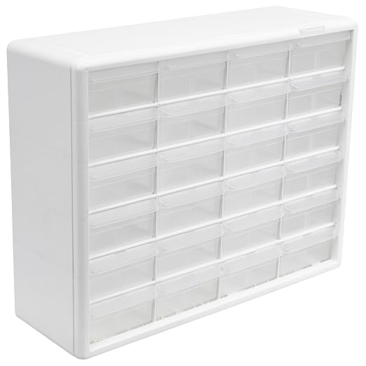 Akro-Mils 24-Drawer Plastic Drawer Storage Cabinet for Garage Organization, Bead Organizer, Building Bricks Storage, Teacher Toolbox, Makeup Organizer, 20" W x 6" D x 16" H, 10124 White