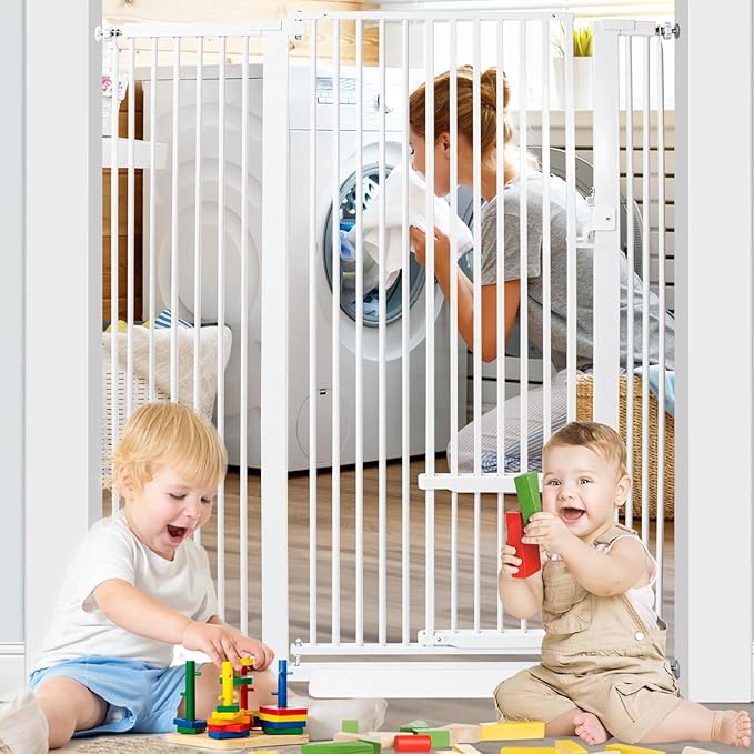 55 Inch Extra Tall Pet Gate with Small Cat Door,29.55"-46.06" Adjustable Wide Dog Gate, Tall Cats Gates for Doorway, Stairs, House(White)