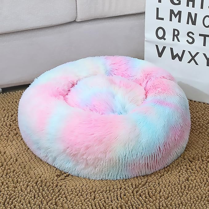Calming Dog Bed for Small Dogs, Calming Donut Cuddler Pet Bed Anti Anxiety Round Dog Bed Fluffy Plush Faux Fur Cat Bed,Colorful Pink,27.5IN