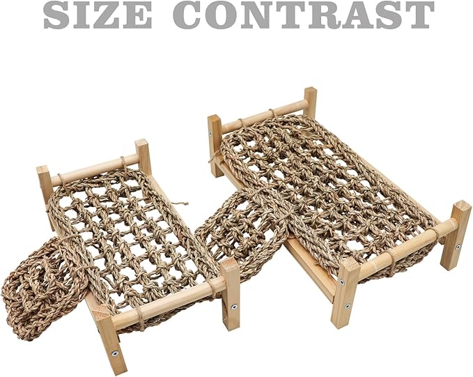 Dnoifne Bearded Dragon Bed with Climbing Ramp - Natural Wood and Seagrass Hammock, Reptile Tank Basking Platform Accessories for Leopard Gecko Lizard Frog - 12.6 × 7.1 × 3.9 inch
