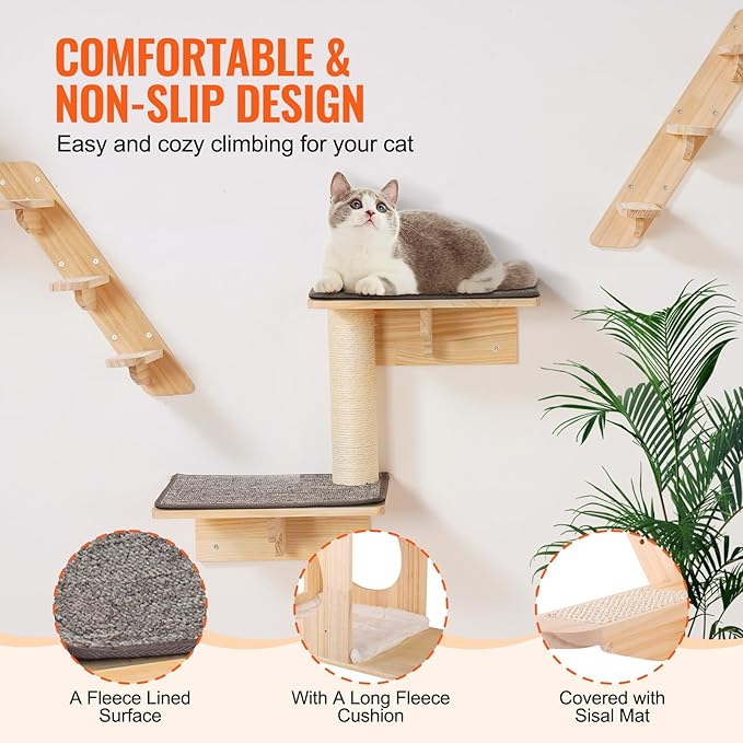 VEVOR Wall Mounted Cat Shelves and Perches with Jumping Boards, Cat Beds, Hammocks & Tree, Up to 40 lbs for Sleeping, Playing, Climbing - Set of 7