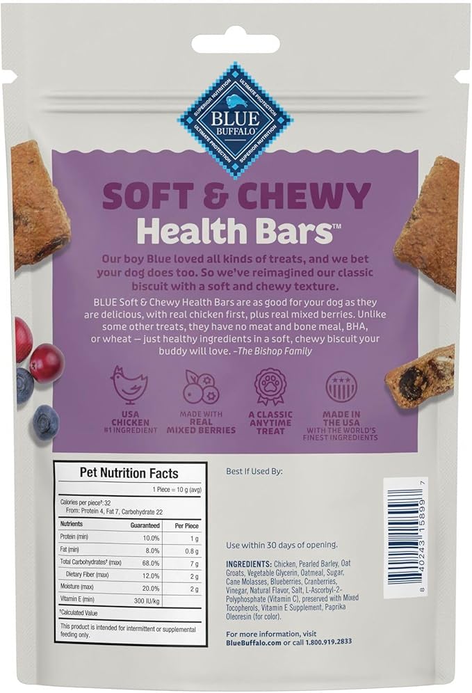 Blue Buffalo Soft & Chewy Health Bars, Baked with Real Chicken & Mixed Berries, Natural Dog Treats Enhanced with Vitamins and Minerals, 9 oz. Bag