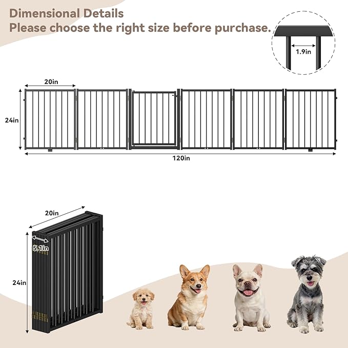Full Metal Freestanding Dog Gate with Door, 24'' Height Foldable Pet Dog Fence for Indoor & Outdoor, 6 Panels Extra Wide Free Standing SmallDog Gates for Doorways,House,Stairs,Porch,Deck,Yard