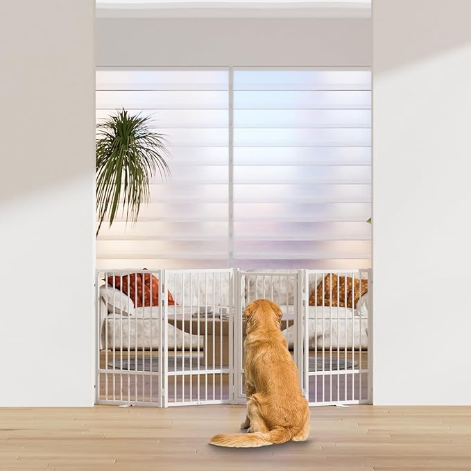 Full Metal Freestanding Dog Gate with Door, 36''Height Foldable Pet Dog Fence for Indoor & Outdoor, 4 Panels Extra Wide Free Standing TallDog Gates for Doorways,House,Stairs,Porch,Deck,Yard