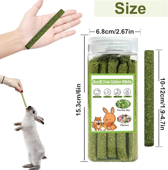 68PCS Rabbit Chew Toys, Natural Timothy Hay Sticks Guinea Pig Chews for Teeth Hamster Molar Treats Snacks Accessories for Bunny, Chinchillas, Rats, Gerbils and Other Small Animals