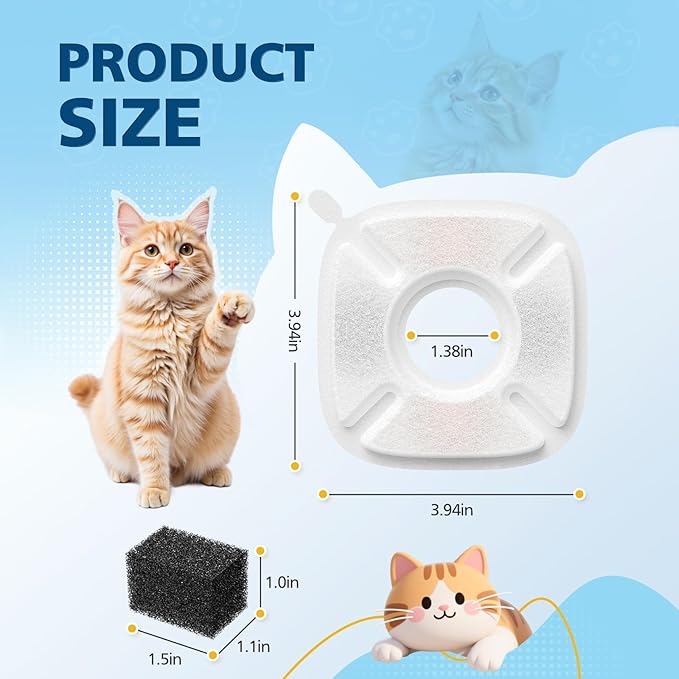32 Pcs Cat Water Fountain Filters for Veken 95oz/2.8L, 67oz, 85oz, 135oz Dog Water Fountain Automatic Pet Fountain Dog Water Dispenser 16Pcs Pet Fountain Filter Replacement & 16Pcs Pre-Filter Sponges