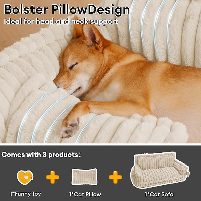 FUNNY FUZZY Dog Bed Orthopedic & Fluffy Dog Couch Bed, Corduroy Fleece Pet Beds Washable, Supportive Foam Pet Sofa Bed with Removable Zipper Cover - Snoozy Dream, White, M