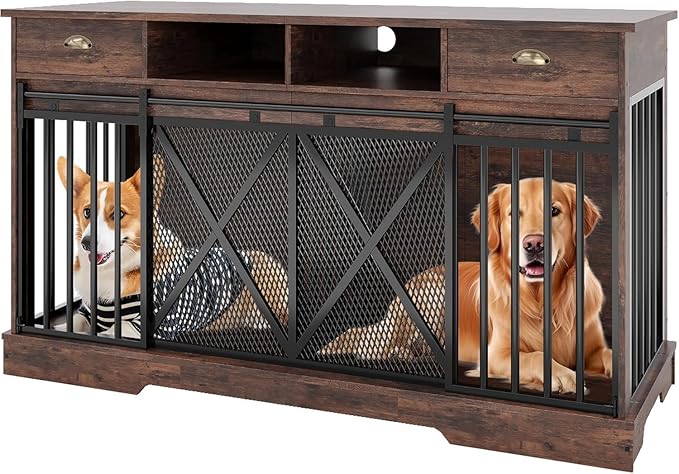 63 Inch Dog Crate Furniture with Double Doors, Modern Farmhouse Indoor Kennel for Small to Medium Dogs, Dual Drawer Storage TV Stand, Media Console and Sideboard, Versatile Pet Cabinet
