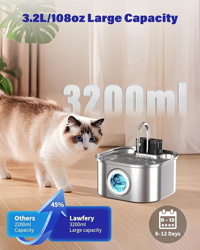 Wireless Cat Water Fountain Stainless Steel 3.2L/108oz, Battery Operated Pet Fountain with 3 Modes, Cordless Pet Water Dispenser for Cats and Dogs