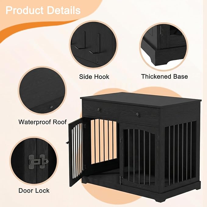 BREEZEHEAT 40 inch Dog Crate Furniture-Farmhouse Dog Kennel with Drawers-End Table Wooden Pet Crate, Double Door Design, Decorative Dog House Indoor for Small Medium Large Dog,Brwon