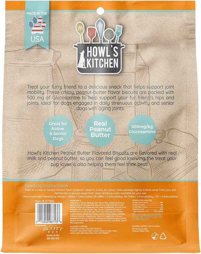 Howl's Kitchen Biscuits, 12 oz Bag, 1 Count, Peanut Butter Flavor, Hip and Joint Formula, Rawhide Free, Soft and Chewy Dog Treats, 500mg of Glucosamine for Dogs, For Active and Senior Dogs (Pack of 2)