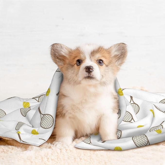 Two Sided Plush Pet Blanket for Crates Carriers Home Use, Tennis Rackets Balls, Reversible Throw with Cozy Dot Fabric and Silky Reverse for Small Large Pets
