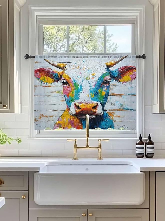 Sheer Curtains 54 Inch Length, Funny Colorful Cow Semi Sheer Curtains Light