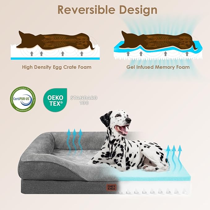EHEYCIGA Orthopedic Dog Bed for Medium Dog, 35x22x6.5 Inch Memory Foam Dog Couch Bed with Sides, Waterproof Liner & Washable Removable Cover, Bolster Pet Sofa, Grey