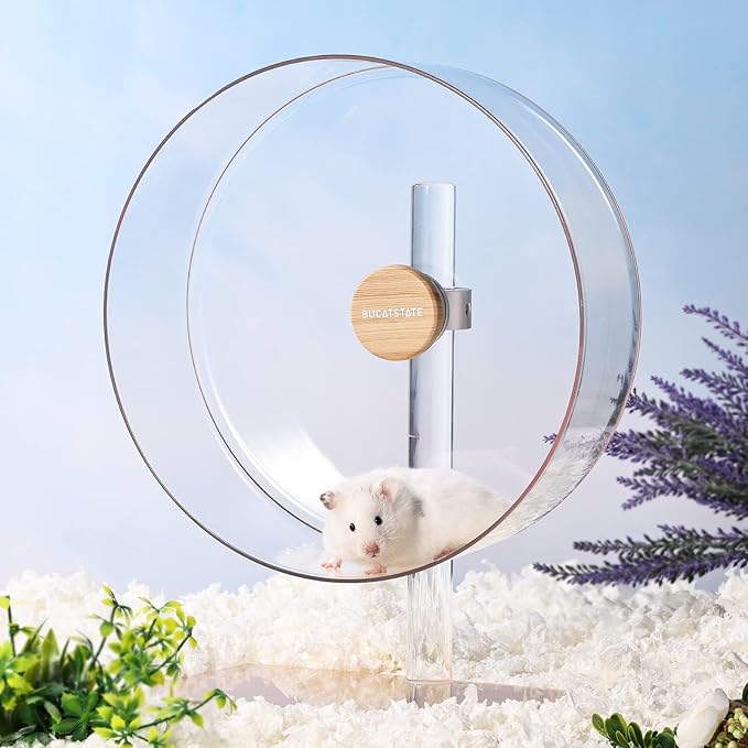 BUCATSTATE Hamster Wheel Silent 12.5inch, Acrylic Hamster Exercise Wheel with Stable Adjustable Stand Running Wheel for Golden Bear Hamster, Sugar Gliders, Rats, Hedgehogs (Transparent)