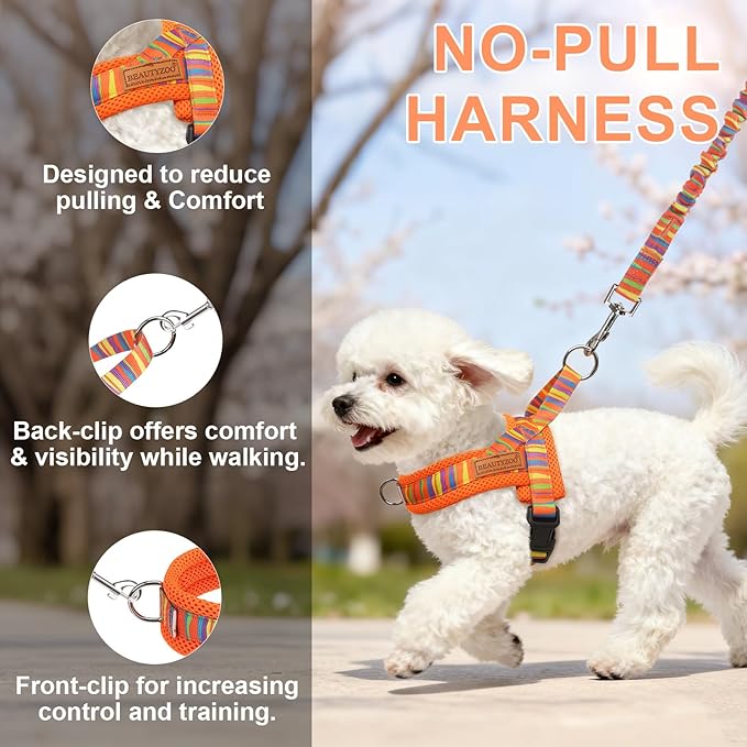 BEAUTYZOO Dog Harness for Small Dogs,No Pull Dog Harness and Leash Set,Soft Escape Proof Puppy Vest Harness with Handle,Reflective Lightweight Step in Harness for Girl Boy Dogs,Orange_Print S