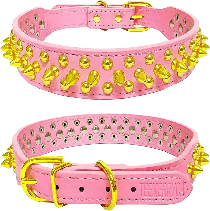 TEEMERRYCA Pink Leather Gold Spiked Studded Dog Collar for Female Puppy Small Medium Large Pets,Pit Bulls Bulldog, Keep Dog Safe from Grabbing by Huge Dogs, XS 8.3"-10.6"