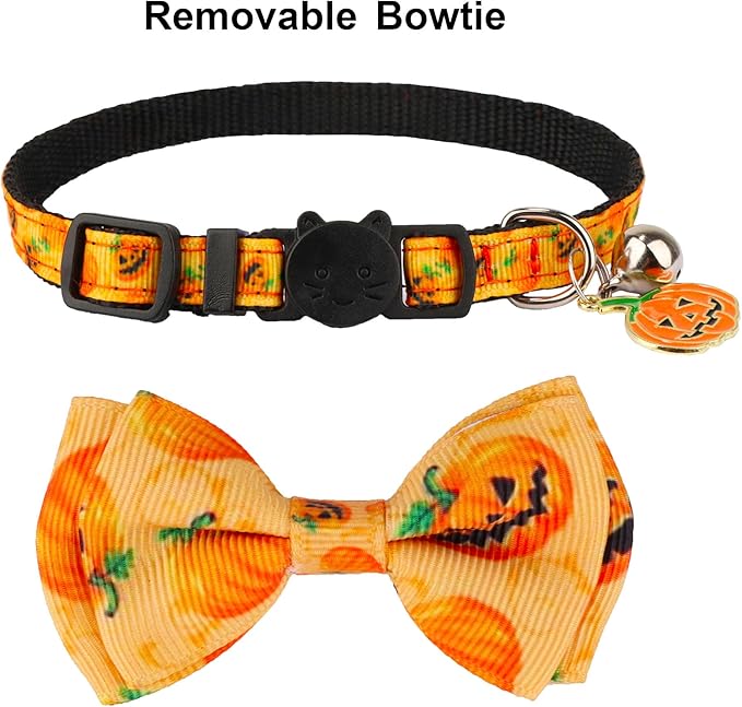ADOGGYGO Halloween Cat Collars with Bow Bell, Breakaway Kitten Collar with Bowtie Pumpkin Ghost Halloween Collar for Girl Boy Cats Kittens