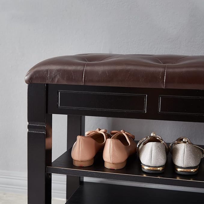 Shoe Storage Bench with Cushion, Entry Bench with Storage Solid Wood Shoe Bench