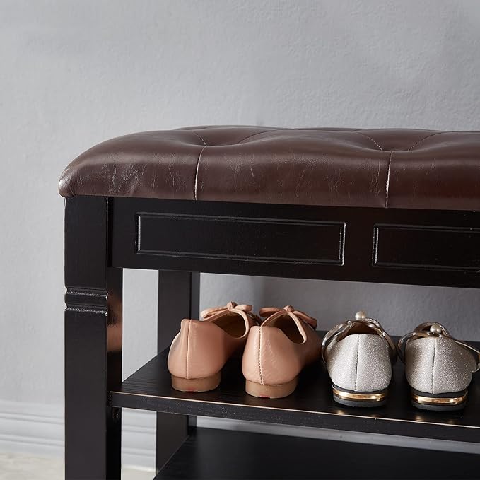 Shoe Storage Bench with Cushion, Entry Bench with Storage Solid Wood Shoe Bench