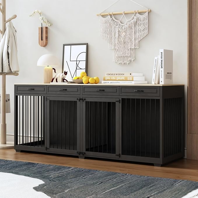 Extra Large Dog Crate Furniture, 93 Inch Heavy Duty Wooden Dog Kennel with Drawers & Removable Divider, Indoor Furniture Style Luxury Double Rooms Dog House for XL Large Dogs, Black