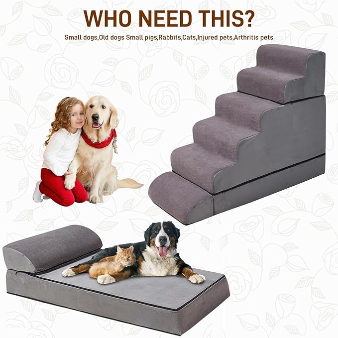 Dog Stairs for High Beds Up to 24-30"，Non-Slip 6 Steps Pet Stairs for Small Medium Dogs & Senior Cat，Washable Cover