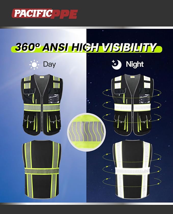 PACIFIC 10 Pockets Class 1 Safety Vest for Men, 3M High Visibility Reflective Strips, Meets ANSI/ISEA Standard, Black, X-Large