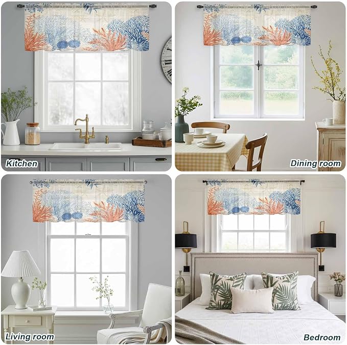 Ocean Corals Sheer Valance Curtains, Summer Beach Coral Sea Stars Retro Texture