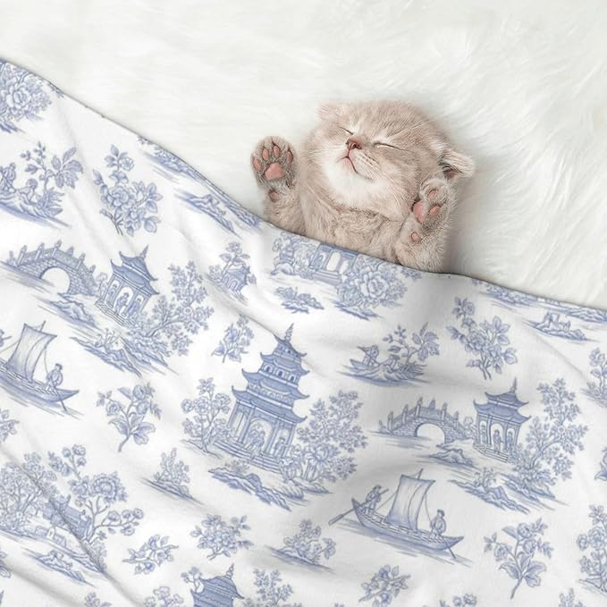 Reversible Plush Dot Pet Blanket for Dogs and Cats, Chinese Style Powder Blue Chinoiserie Toile, Ultra Soft Two Sided Design with Warm Fuzzy Side and Smooth Side for Comfort