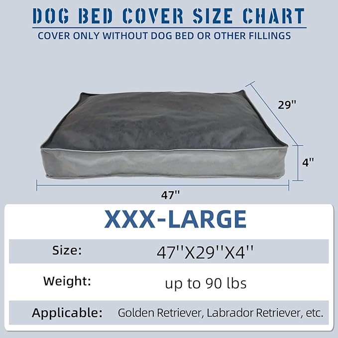 Dog Bed Covers Replacement Washable, Scratch Resistant Soft Faux Leather Dog Bed Cover with Zipper 47" L x 29" W x 4" H, Cover Only