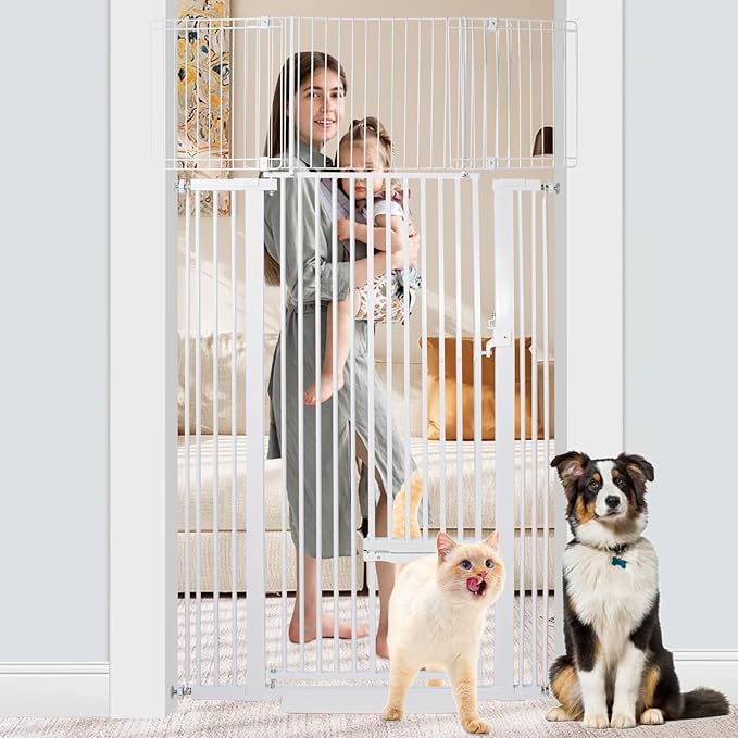 71 Inch Extra Tall Pet Gate with Small Cat Door, 29.55"-40.55" Adjustable Wide Dog Gate, Tall Cats Gates for Doorway, Stairs, House(White)