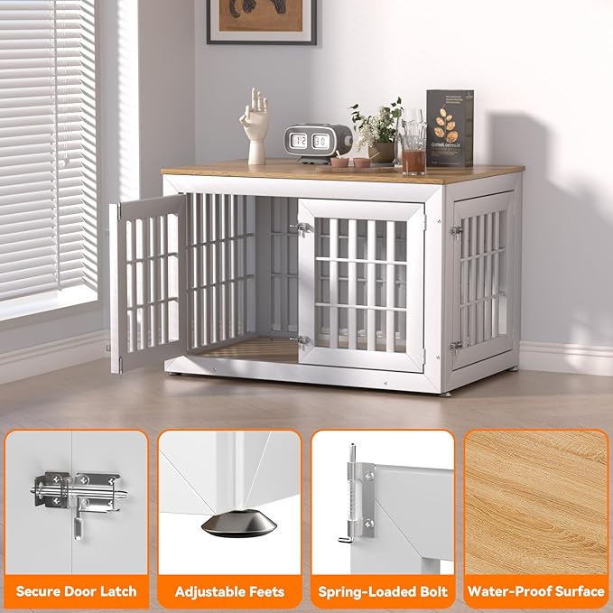 42" Heavy Duty Dog Crate Furniture for Small,Medium and Large Dogs,Rustic Wooden Dog Cage Kennel Indoor Furniture with Waterproof Top,Decorative Pet House Side End Table (White & Wood)