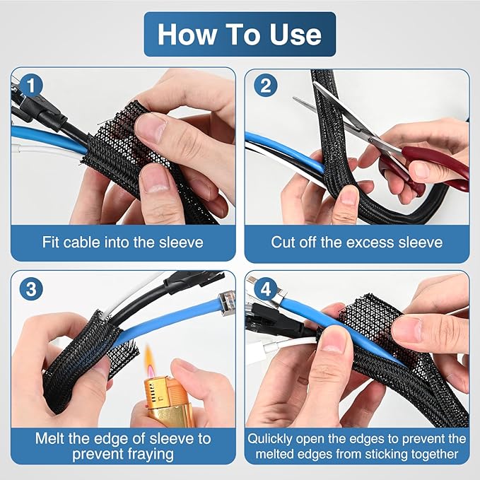 Nilight Cable Sleeve, 25ft-1/2inch Cord Management Sleeves, Braided Sleeving, Split Self Wrapping Wire Loom for Computer Electrical Automotive Harness Protector Organizer, Black