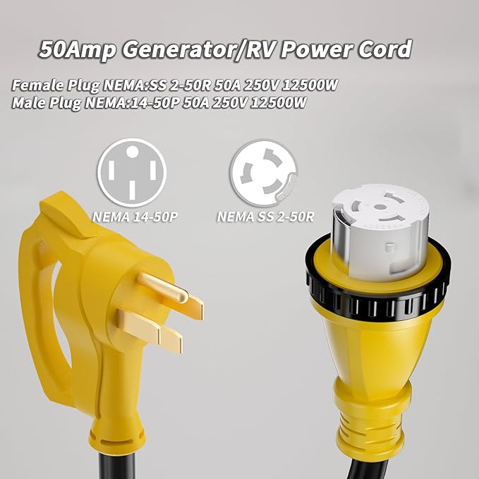 50 Amp Generator Cord, 25FT 50 Amp RV Extension Cord with Twist Lock, Generator Cable 50A 4 Prong Yellow, NEMA 14-50P/SS2-50R Heavy Duty STW Wire for RV Camper & House