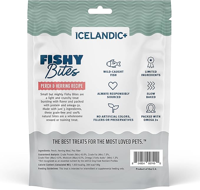 Icelandic+ Fishy Bites: Perch & Herring - 2oz - Dog Treats, Crunchy Mini Snacks, 3 Ingredient Pet Rewards, Preservative Free, Slow Baked, Natural (Pack of 2)