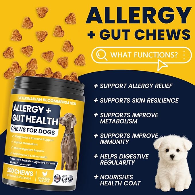 Dog Allergy Chews Probiotics for Dogs Yeast, Itchy Skin and Itchy Ears Itch Relief Immune Pre Probiotic Chews for Pet Digestive Gut Health Anti Itch Supplement for Itching and Licking Dogs Allergies