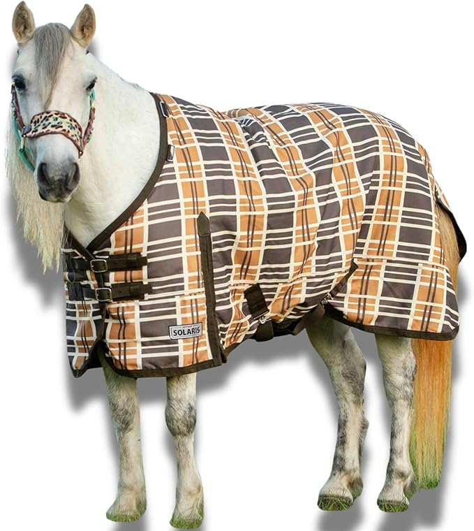 Jeffers Pony Poppins Solaris 1200 Denier Turnout Blanket Brown & Cream Plaid 42" - Waterproof, Breathable Horse Blanket with 0 gram Polyfill, No Insulation, Ideal Protection for Wind & Rain,
