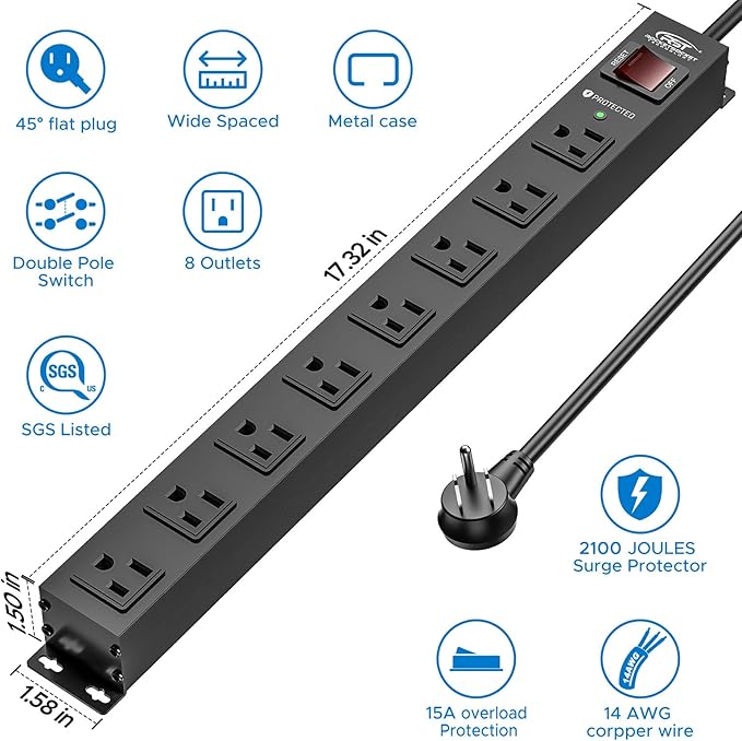 CRST 2 Pack 8 Outlet Metal Heavy Duty Power Strip with Switch, 2100J Surge Protector, Mountable Wide Spaced Power Strip, 6 FT 14AWG, 15A/1875W