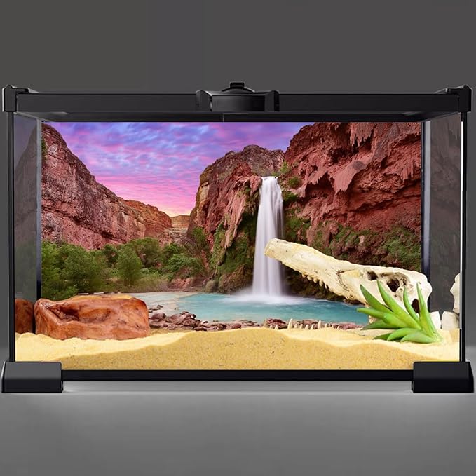 AWERT 48x24 inches Reptile Habitat Background Sunset Mountain Waterfall Terrarium Background Durable Polyester Background