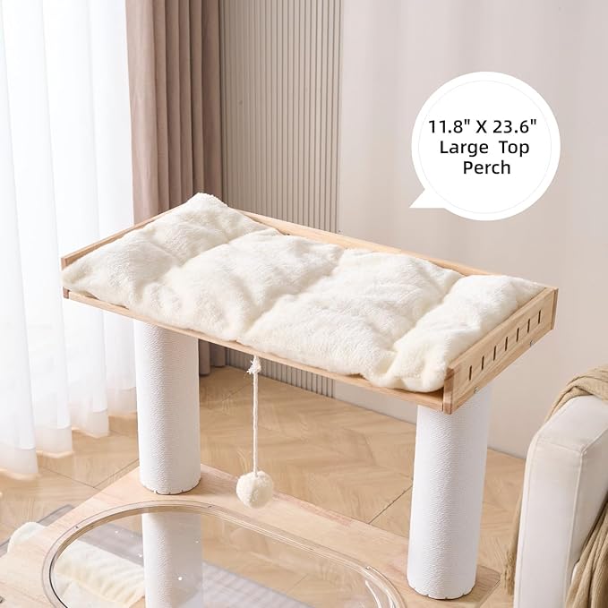 SHENGOCASE Modern Natural Wooden Wood Cat Tree Tower Condo, Extra Large Top Platform Perch, 57" Tall, Big Clear Capsule Bowl Bed, for Maine Coon Indoor Cats