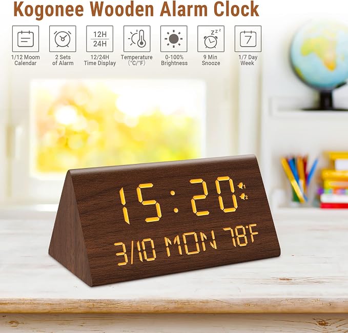 Kogonee Wooden Digital Alarm Clock, 0-100% Dimmer, 2 Alarm Settings,