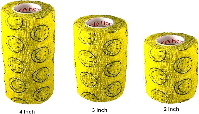 Vet Wrap Wrap Tape (Yellow with Smiles) (2 Pack) (3 Inch x 15 feet) Self Adhesive Adherent Adhering Cohesive Flex Self Stick Bandage Grip Roll Dog Cat Pet Horse