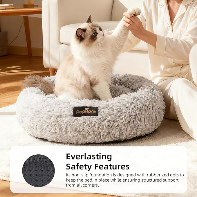 PaPaPet Premium Donut Cat&Dog Bed for Indoor Cats, Ultra Soft Washable Pet Bed for Puppy and Kitten, Plush Long Pile Faux Fur Fabric with Anti-Slip Bottom