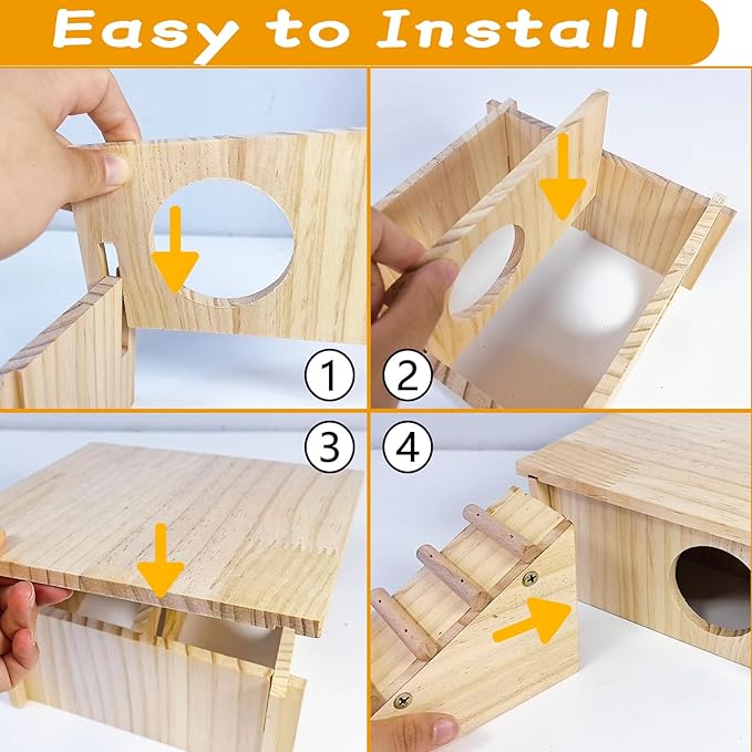 Hamster Wooden House with Ladder Small Animal Hideout Activity Platform Exercise Climbing Hut Natural Living Wood Room for Hamster Gerbil Mice Rat