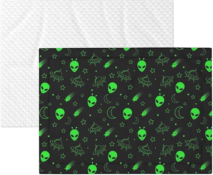Reversible Plush Dot Pet Blanket for Dogs and Cats, Green Alien Moon Spaceships Planet Black, Ultra Soft Two Sided Design with Warm Fuzzy Side and Smooth Side for Comfort
